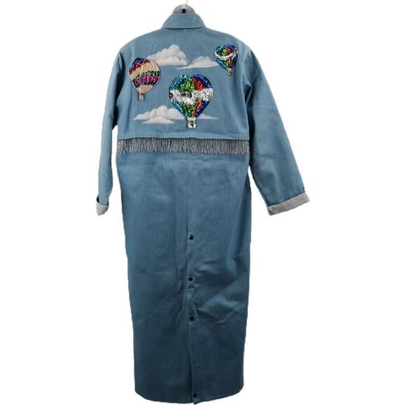 Vintage Long Denim Trench Coat with Hot Air Balloons & Beaded Fringe | Size M (F - Picture 3 of 5